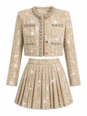 Gold Tweed Pleated Skirt Set – Cropped Jacket & Skirt